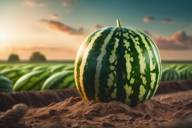 fotografía de una sandía unida a una tierra agrícola con un fondo borroso