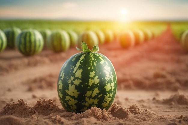 fotografía de una sandía unida a una tierra agrícola con un fondo borroso