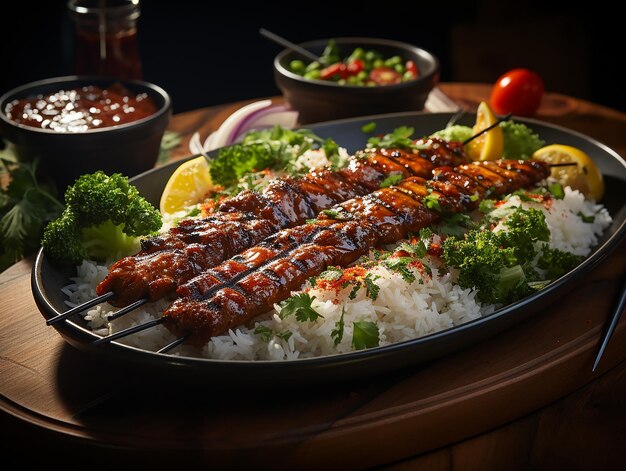 Fotografía de sate con salsa de maní en una mesa de madera generada por la IA