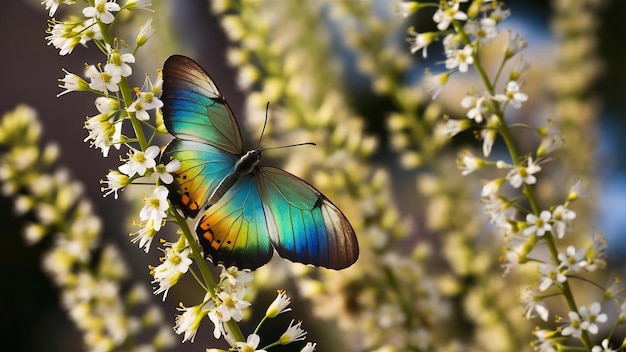 Fotografía selectiva de una hermosa mariposa sentada en una rama con pequeñas flores