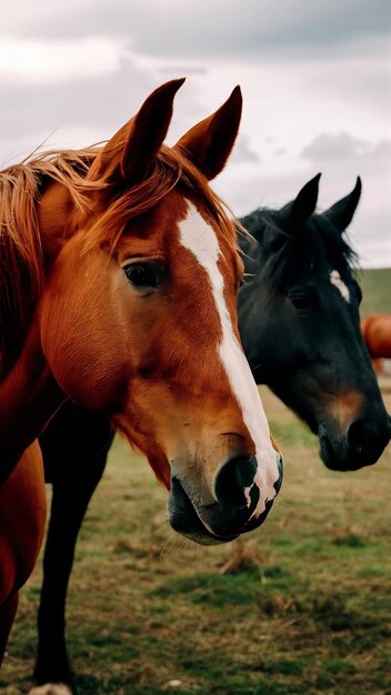 Fotografia seletiva de cavalos castanhos e pretos em pastagens