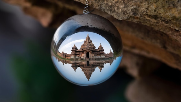 Foto fotografia seletiva de close-up do reflexo do templo em orcha, na índia, em uma bola de vidro pendurada em uma rocha