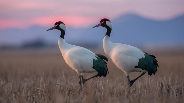 Fotografia seletiva de dois guindastes coroados vermelhos em um campo ao amanhecer em Kushiro hokkaido