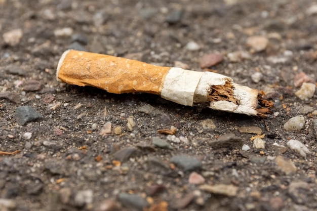 Foto fotografia seletiva de focagem de ponta de cigarro no solo conceito de eliminação inadequada de lixo