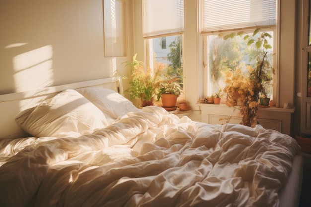 Una fotografía sencilla de una cama con un edredón blanco en un dormitorio tranquilo y acogedor. Luz del sol sobre la cama en un dormitorio sencillo y luminoso. Generada por IA.