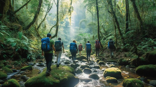 Una fotografía serena con un grupo de jóvenes aventureros inmersos en las maravillas de la naturaleza