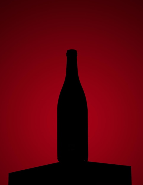 Fotografía con la silueta de una botella de vino apoyada sobre una base y un fondo rojo degradado.