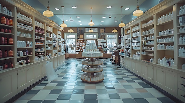 Fotografia simétrica do interior de uma farmácia.