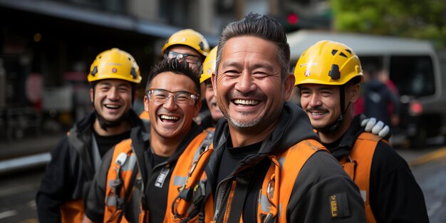 Fotografía sincera con un trabajador de construcción del equipo de pie con el sitio de construcción