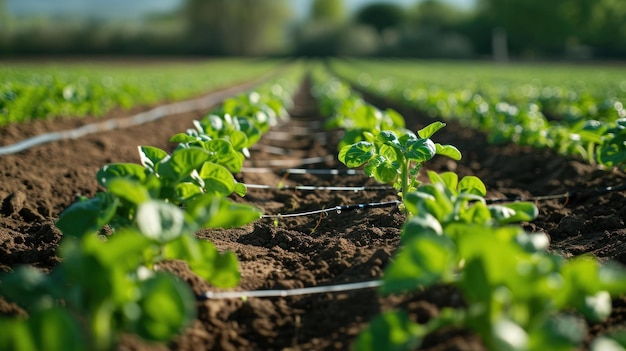 Fotografía de un sistema de riego por goteo que suministra agua a un campo de semillas recién plantadas