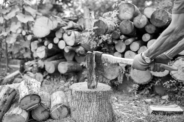 Fotografía sobre el tema del gran hacha de acero con mango de madera.