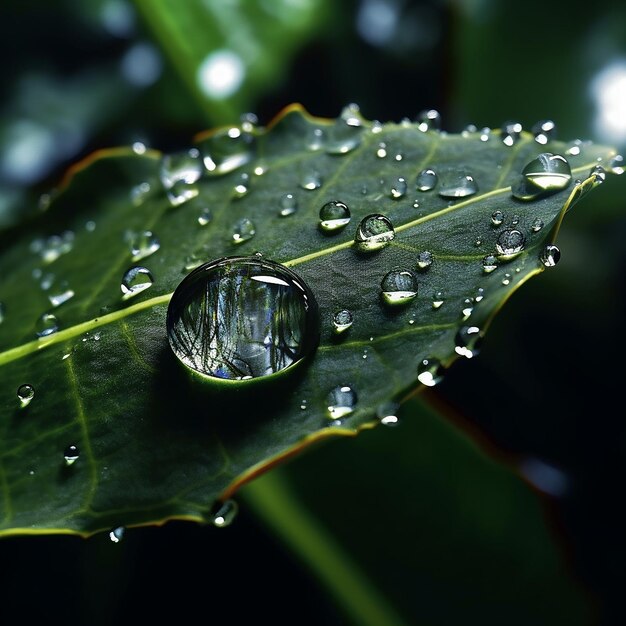 Fotografía de una sola gota de rocío en la tapa de la hoja verde AI generativa