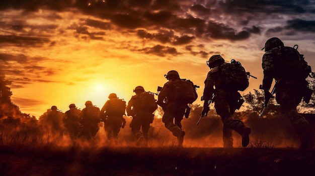 fotografía de soldados del ejército moviéndose hacia adelante lente telefoto iluminación realista del atardecer