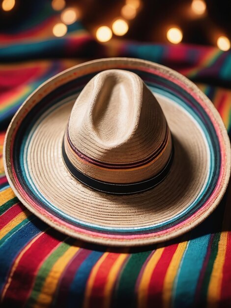 Fotografía de un sombrero en una manta a rayas