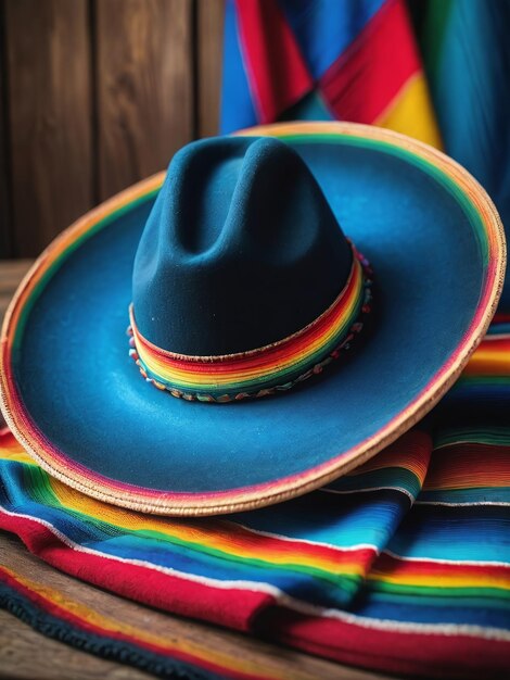 Fotografía de sombrero en serape y madera azul