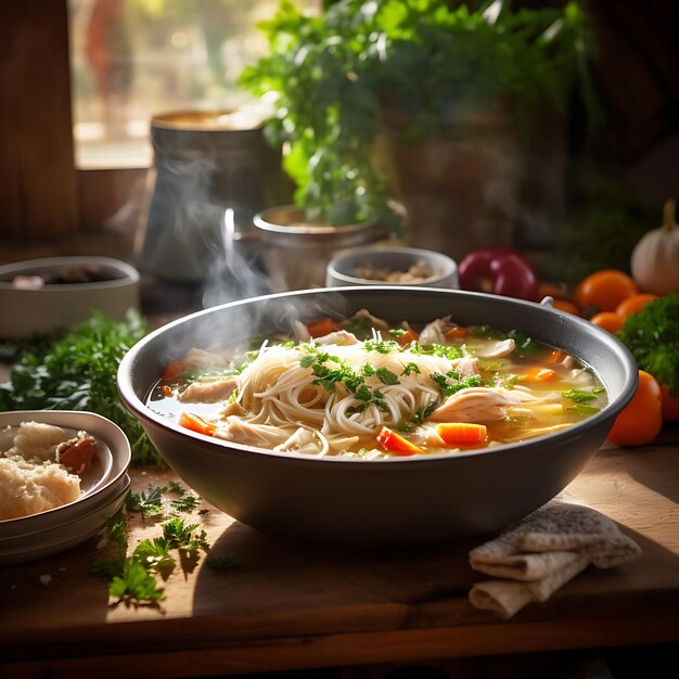 Fotografía de sopa de pollo con fideos