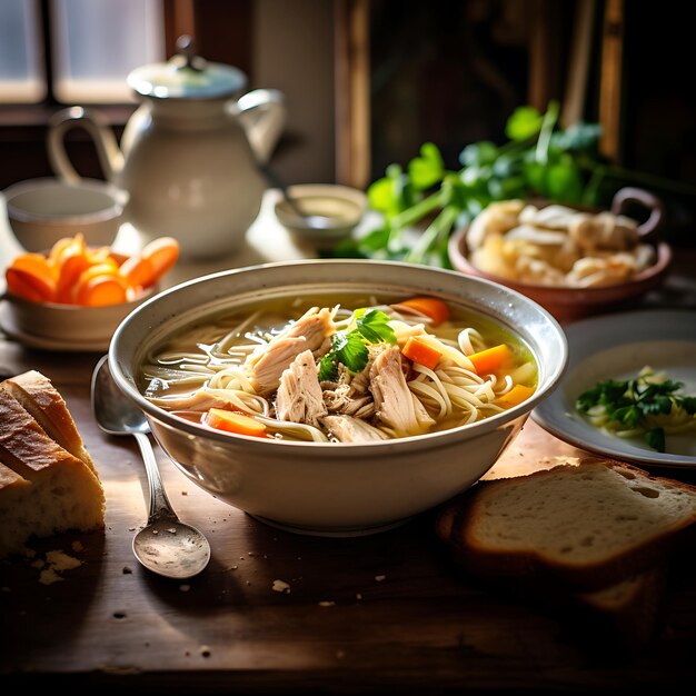 Fotografía de sopa de pollo con fideos