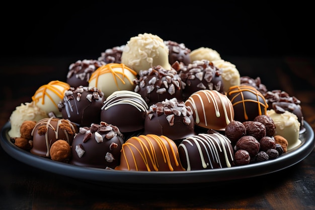 Fotografía de Stock de bombones de chocolate en marrón oscuro.