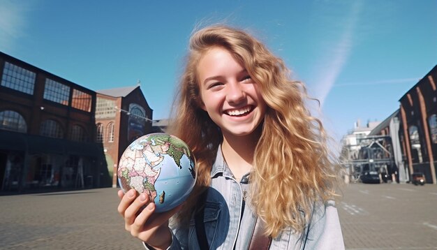 Fotografía de stock de una chica de 18 años en Eurotrip feliz y riendo sosteniendo un mapa del mundo en sus manos