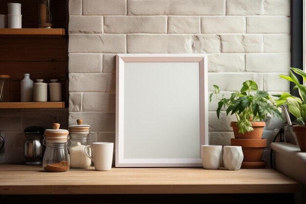 Fotografía de Stock de una cocina con marco en blanco para una maqueta