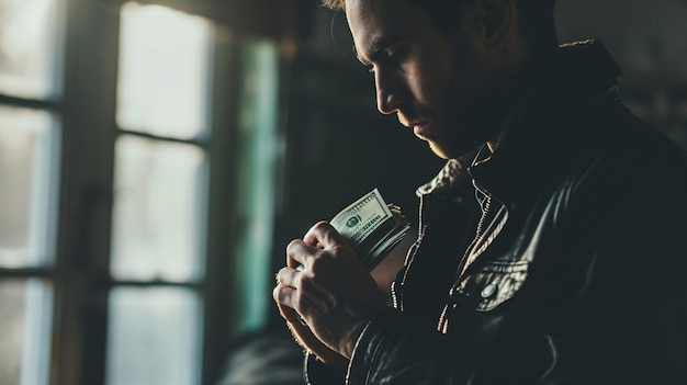 Fotografía de stock de un hombre sosteniendo un paquete de dólares