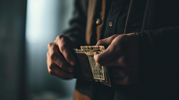 Fotografía de stock de un hombre sosteniendo un paquete de dólares