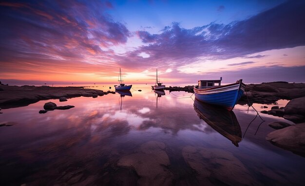 Fotografía de stock de paisaje colorido de la puesta de sol sobre el océano y los barcos