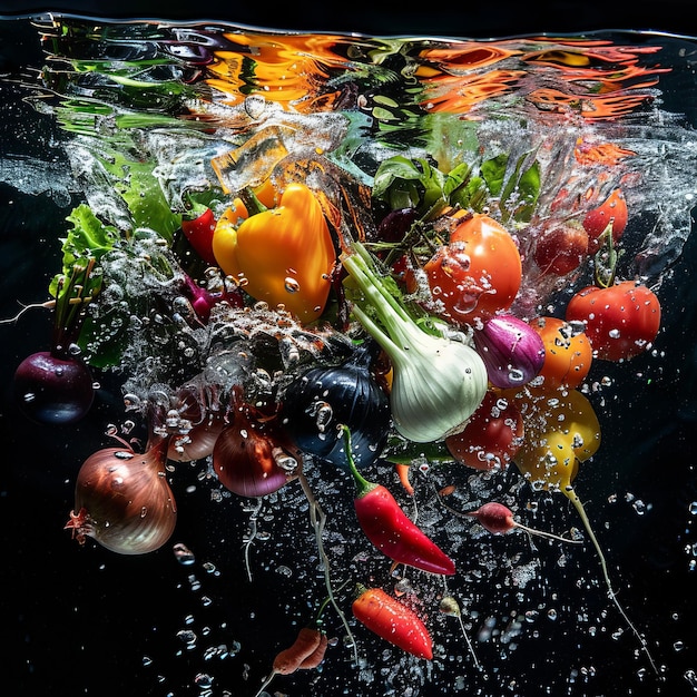 Fotografia subaquática com vegetais em fundo preto