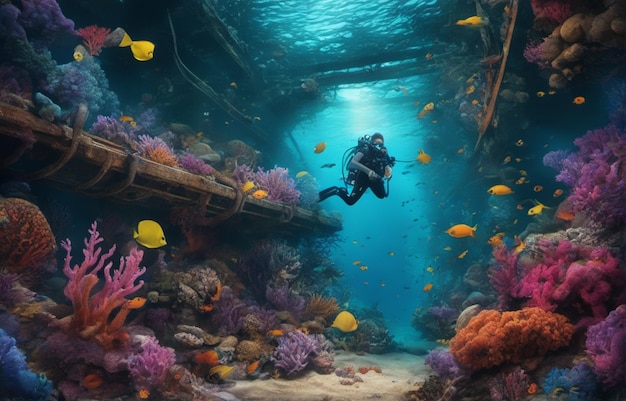 Fotografia subaquática de mergulho em naufrágios Bela vista sob o mar