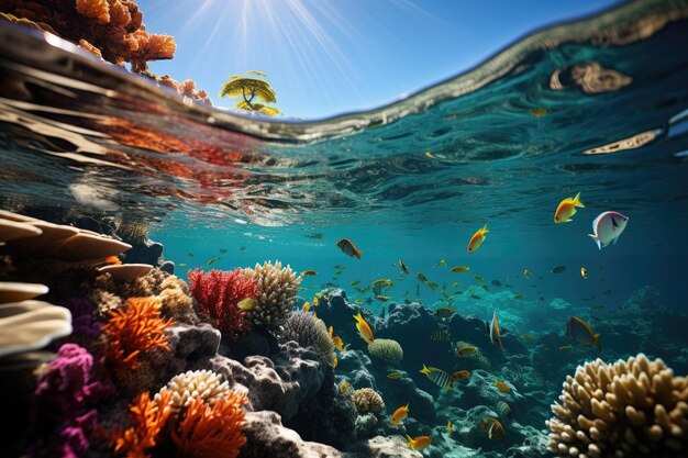 Fotografia subaquática de um recife de coral vibrante repleto de vida marinha IA geradora