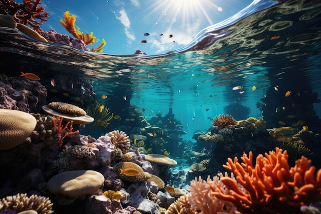 Fotografia subaquática de um recife de coral vibrante repleto de vida marinha IA geradora