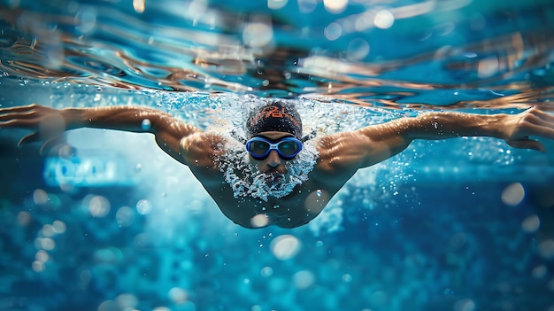 Foto fotografía submarina de un hombre nadando el golpe de mariposa en una piscina