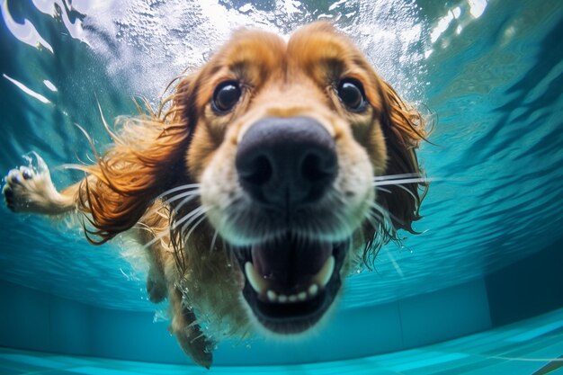 Fotografía submarina de un perro buceando en