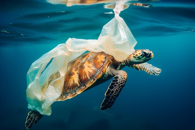 Fotografía submarina de tortuga atrapada en basura plástica flotando en el Pacífico Norte