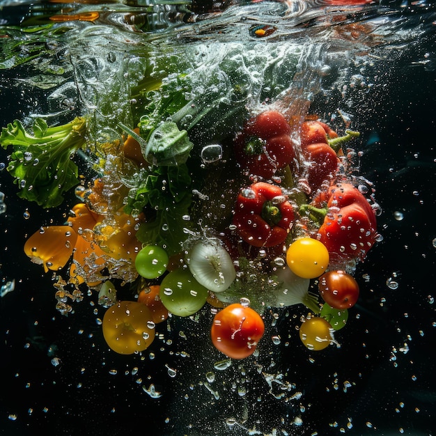 Foto fotografía submarina con verduras sobre un fondo negro