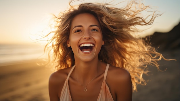 Fotografía de Summer Beach retrato de una mujer rubia emocionada sonriendo ampliamente