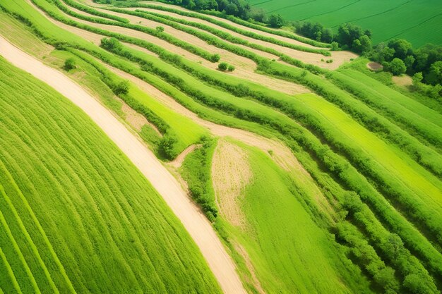 Fotografia superior de campos verdes com árvores e um caminho gerado por Ai