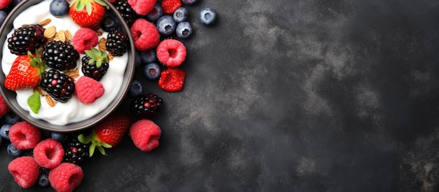 fotografía superior de yogur griego y granola con bayas frescas sobre una mesa de piedra negra