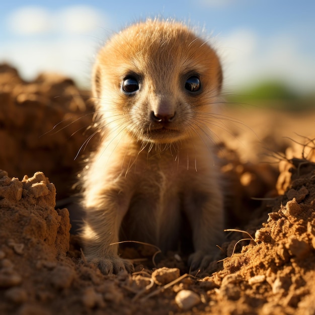 Fotografía de un suricata bebé haciendo de guardia sobre su madriguera