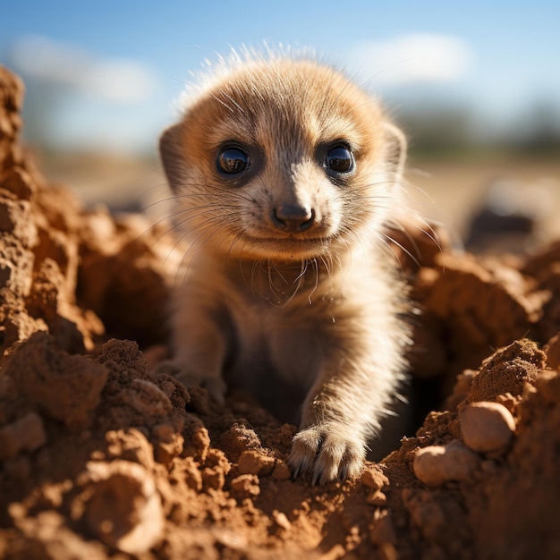 Fotografía de un suricata bebé haciendo de guardia sobre su madriguera