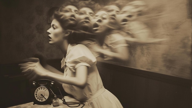 fotografia surrealista Ele retratava uma mulher em um vestido branco vintage com vários rostos fantasmagóricos estendendo-se de sua cabeça