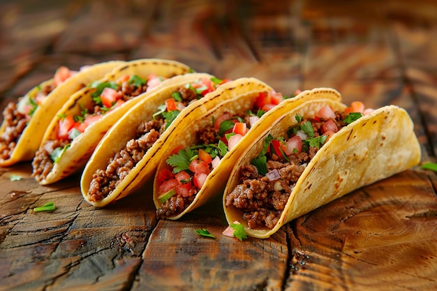 Fotografía de tacos de estilo callejero con capas de carne molida bellamente dispuestas en una vieja ficha de madera
