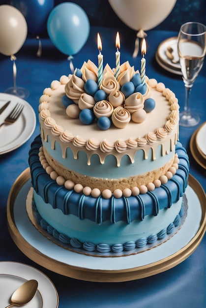 Fotografía de una tarta de cumpleaños azul y beige elaborada para un aniversario