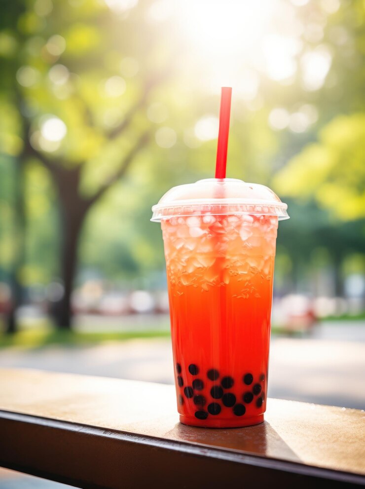 Fotografía de té de burbuja en un banco en un parque