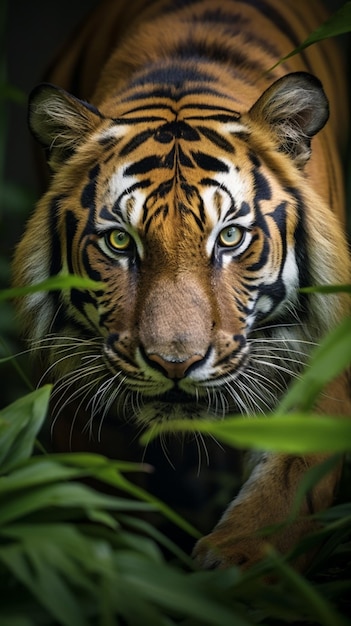 Fotografía de un tigre de Sumatra en primer plano acechando a su presa con un ambiente de jungla