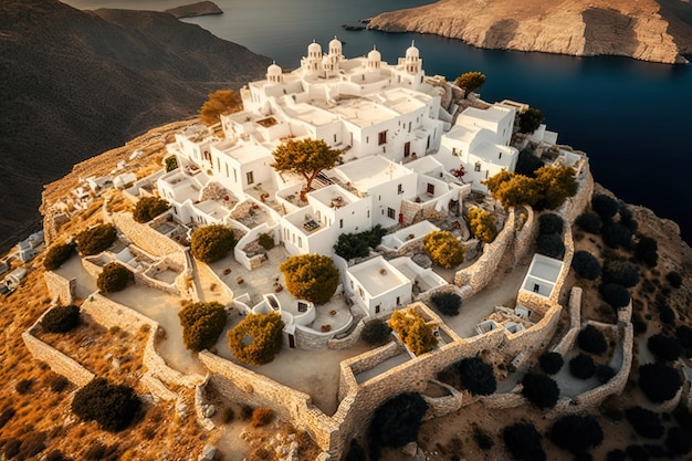 Fotografía tomada desde arriba de la aldea griega de Chora en la isla de Amorgos