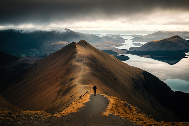 Fotografía tomada desde una gran altura verticalmente de una persona al final de la ruta de senderismo en Nueva Zelanda