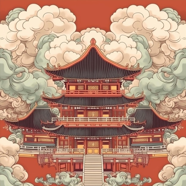 una fotografía tomada desde el suelo de un templo chino con nubes generativas ai