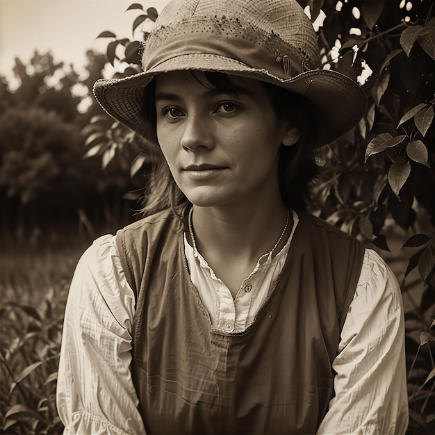 Foto fotografia tonada de uma mulher fazendeira na década de 1900 em uma fazenda da pradaria