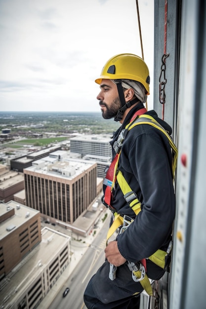 Fotografía de un trabajador de la construcción aferrado al exterior de un edificio alto